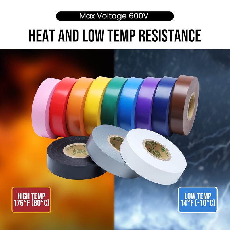 Lichamp 12 Pack Colored Electrical Tape Waterproof, 3/4 in x 66ft, Industrial Grade UL/CSA Listed High Temp Electrical Tape Colors Electric Super Vinyl, 1275C1 - Image 5